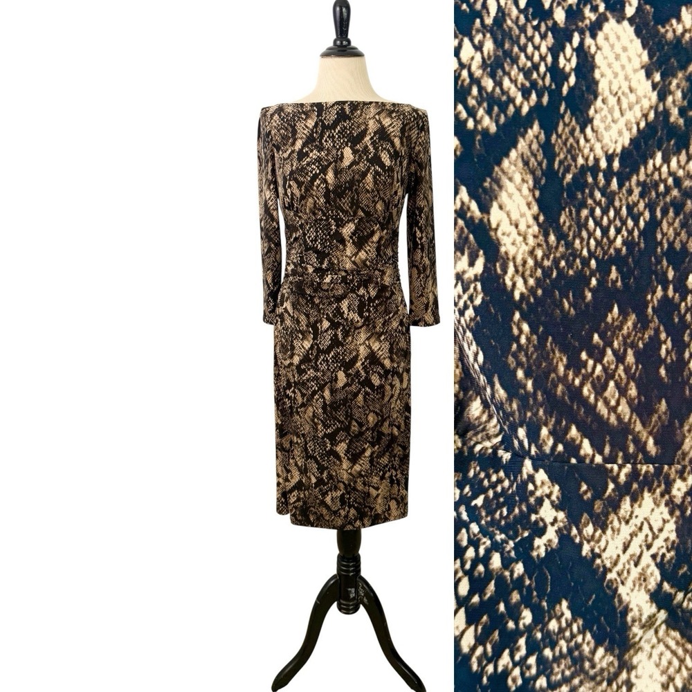 Lauren Ralph Lauren Snake Print Ruched Knit DRESS 6 Brown Bodycon Midi Boat Neck